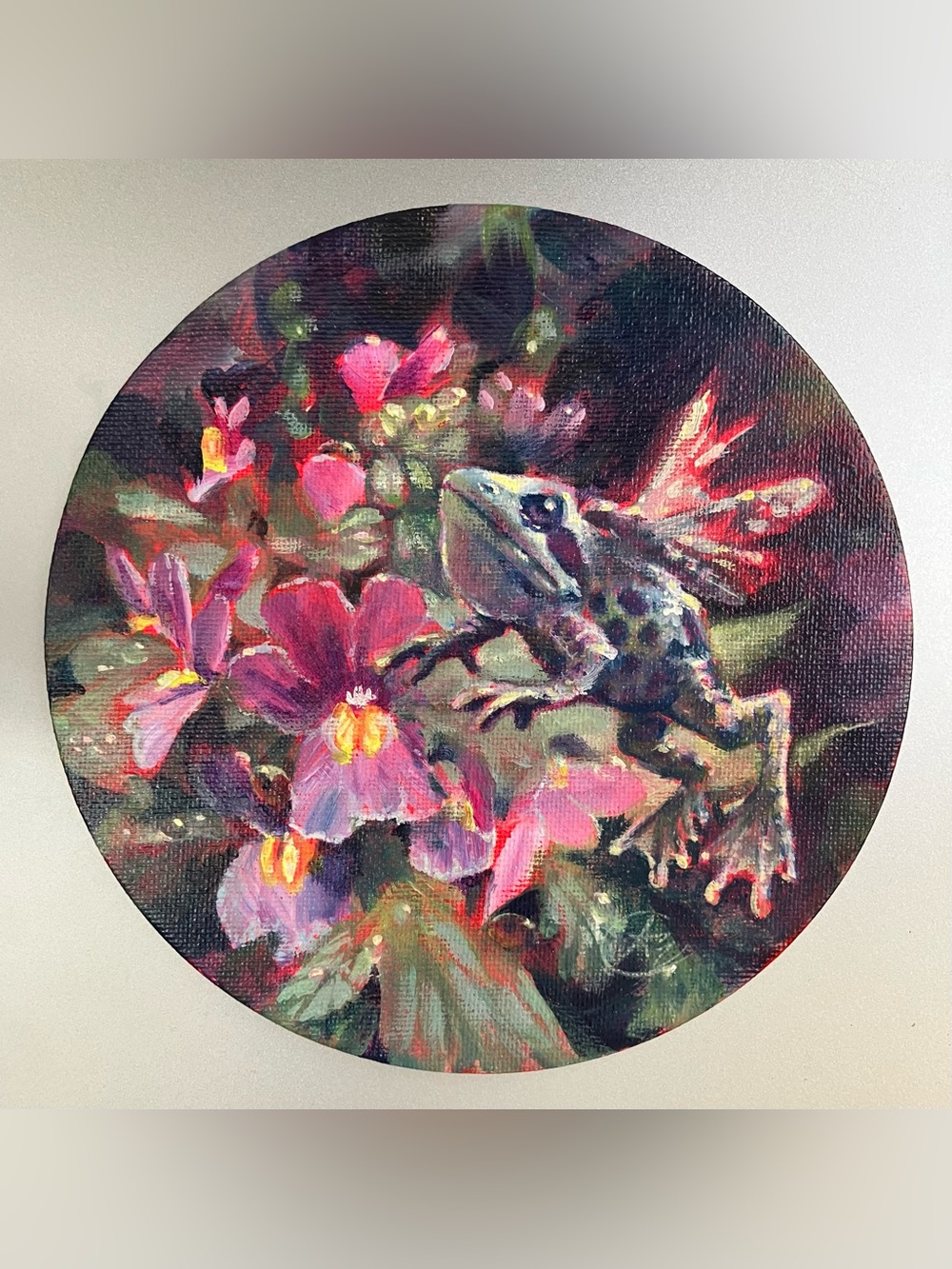 Original flying frog painting floral still life art pansy flowers dragonfly USA